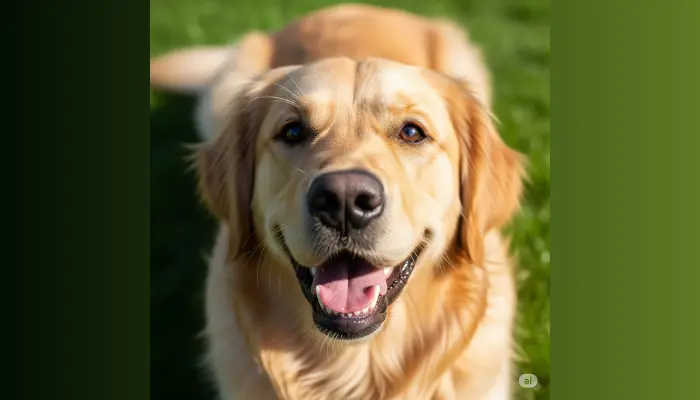 A close-up shot of a dog’s face smiling