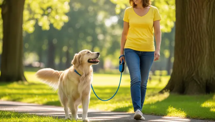 A dog walking nicely on a loose leash