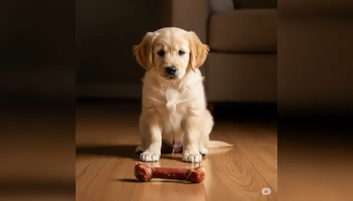 A puppy waiting patiently in front of a treat