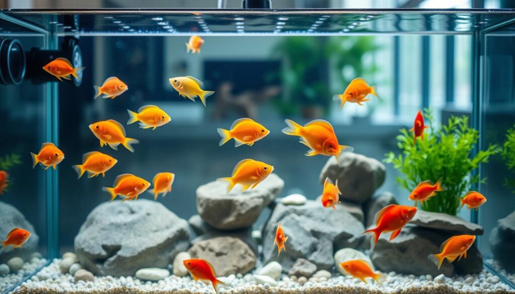 Um aquário moderno e bem equipado para peixes, com um tanque e um design elegante