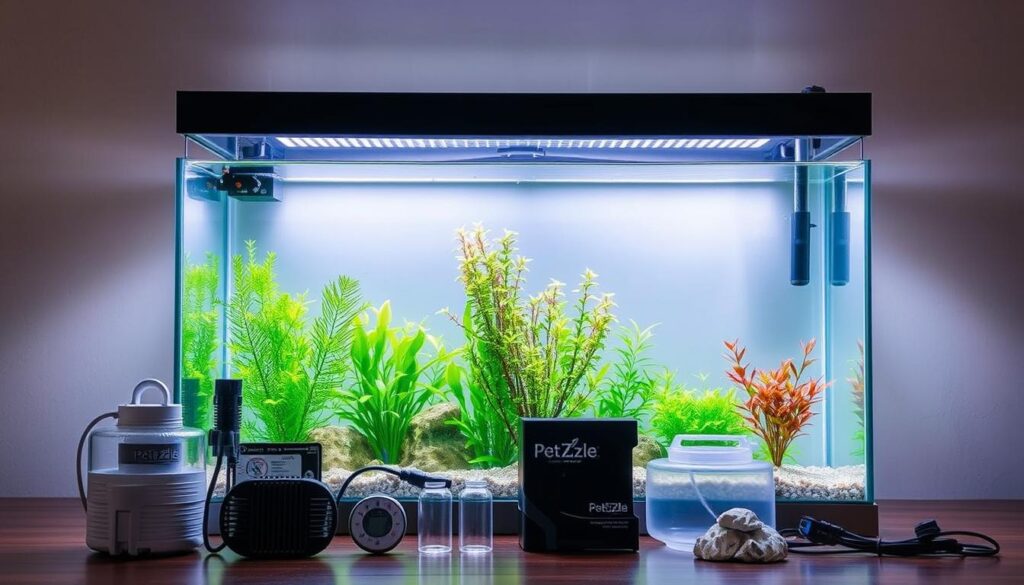 Um aquário moderno e elegante com um design clean e minimalista, iluminação suave e difusa.