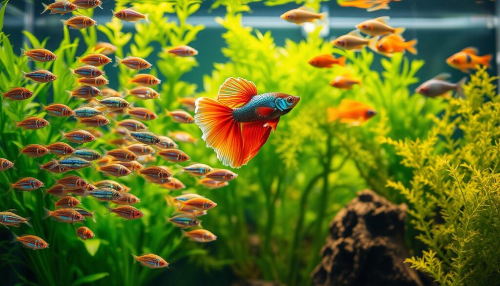Uma vibrante cena subaquática exibindo uma diversidade de peixes ornamentais nadando graciosamente em um aquário.