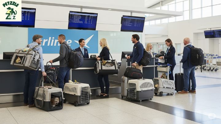 Aeroporto com tutores carregando caixas de transporte