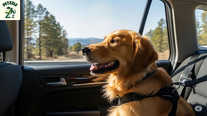 Cachorro com cinto de segurança no banco traseiro do carro