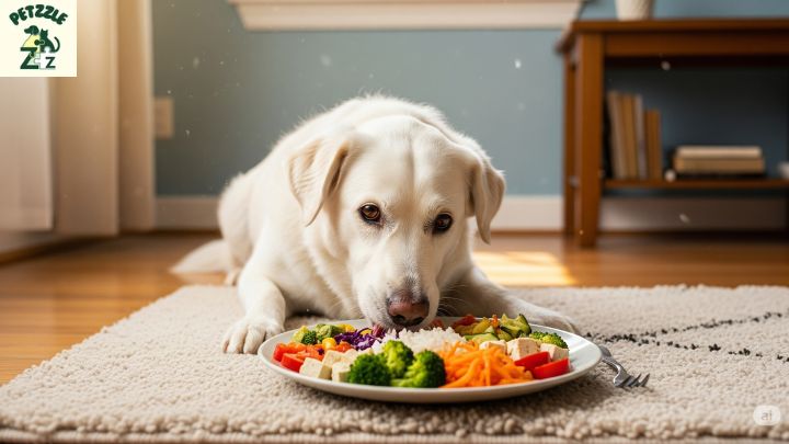 Cachorro idoso comendo comida vegana