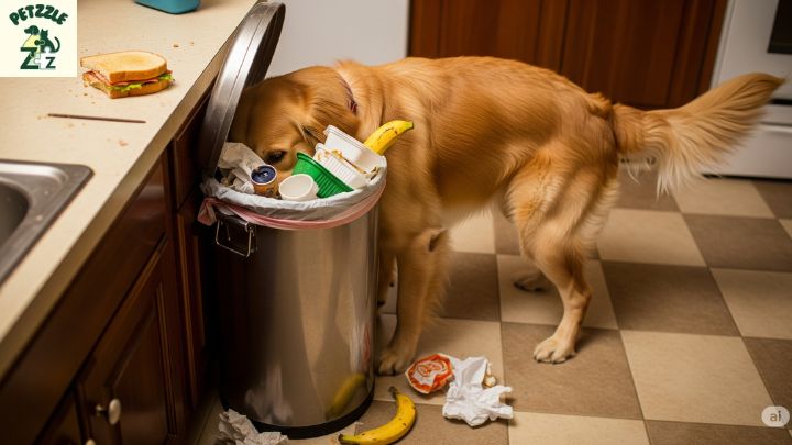Cachorro mexendo na lata de lixo da cozinha