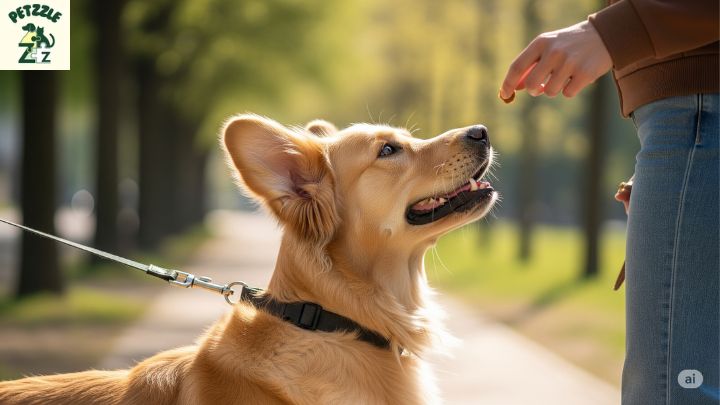 Cão aprendendo comandos durante passeio