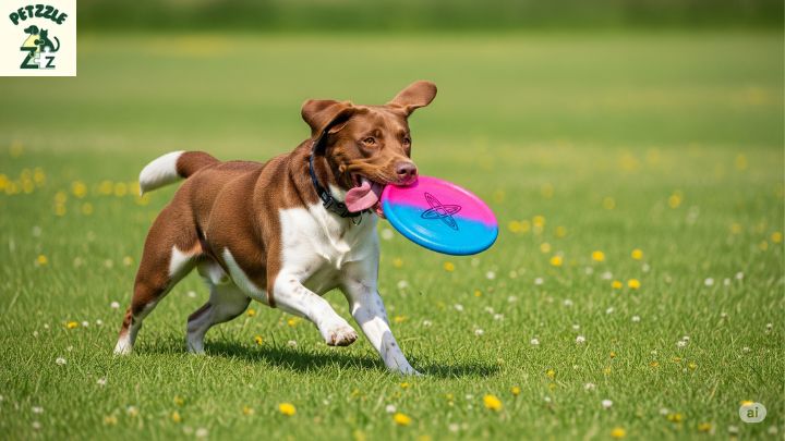 Cão brincando com frisbee colorido em campo gramado.