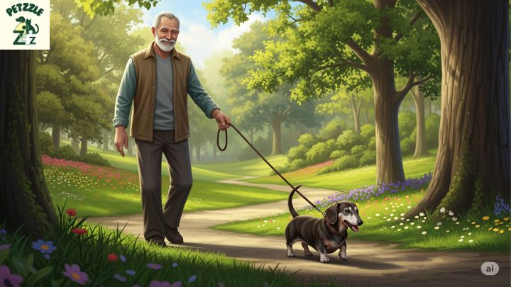 Cão de idade avançada caminhando com o tutor