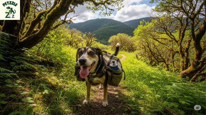 Cão em trilha com mochila pet