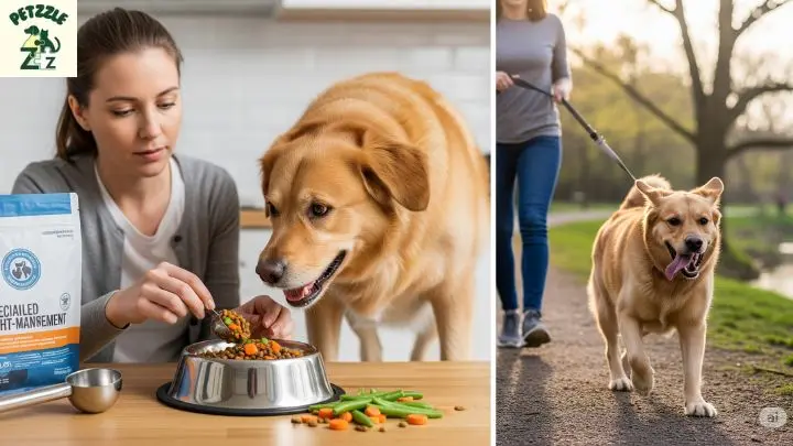 Cão gordo sendo colocado em dieta com alimentação balanceada e exercícios regulares
