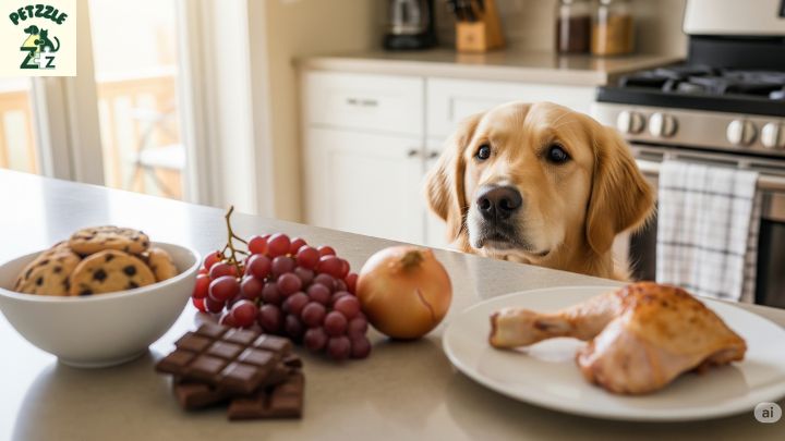 Cão olhando com curiosidade para vários alimentos na cozinha