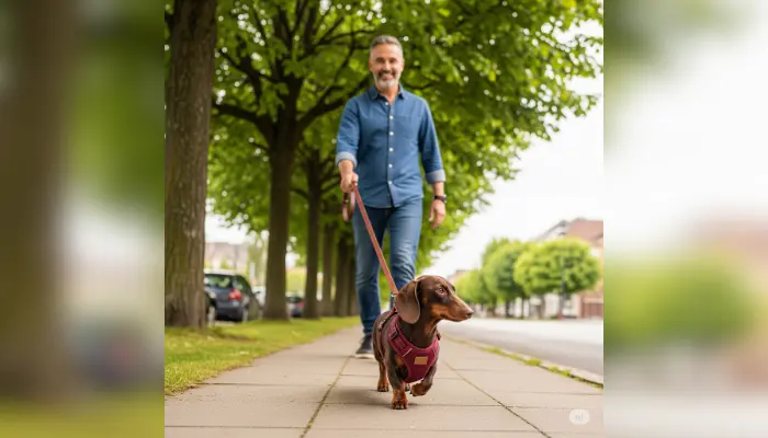Dachshund usando um peitoral bem ajustado e acolchoado