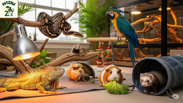 Foto de diversos pets exóticos em um ambiente residencial iluminado e preparado