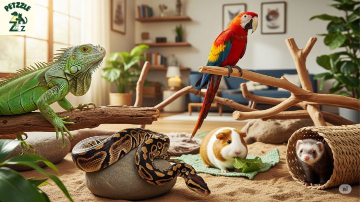 Foto de diversos pets exóticos (iguana, cobra, arara, porquinho-da-índia e furão)