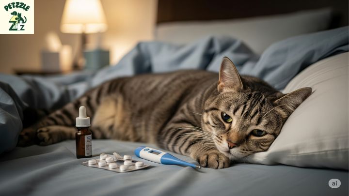 Gato Deitado em uma cama, com termômetro e remédios ao lado