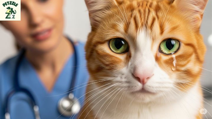 Doenças em gatos: Gato com olhos lacrimejando, sendo observado por uma veterinária