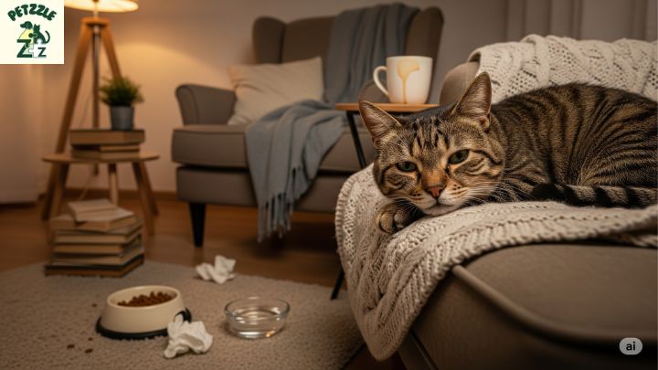 Gato doente deitado, com aparência cansada, em ambiente doméstico e acolhedor