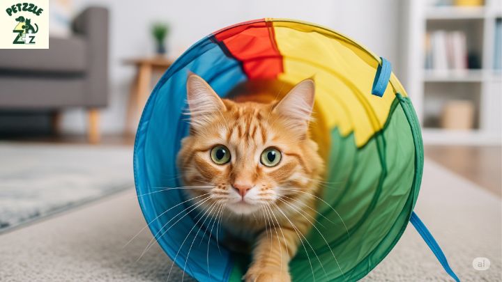 Gato espreitando de dentro de um túnel colorido