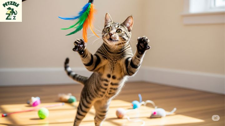 Gato pulando tentando capturar uma varinha com penas coloridas