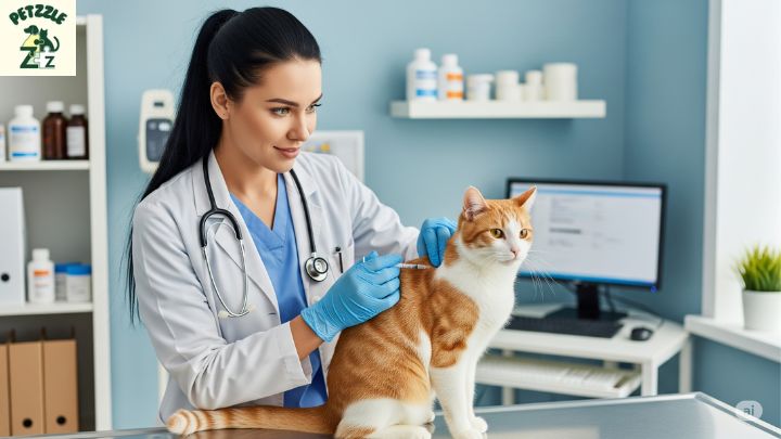 Gato recebendo vacina de profissional veterinário com luvas