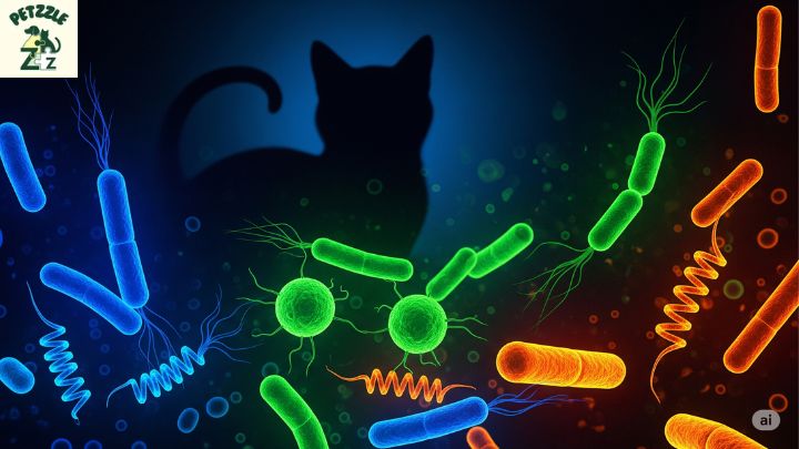 Ilustração de bactérias vistas ao microscópio com uma silhueta de gato ao fundo