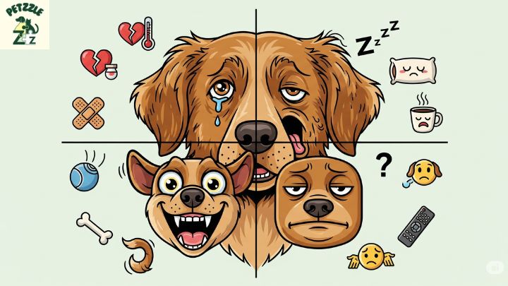 Ilustração de um cachorro com diferentes expressões faciais