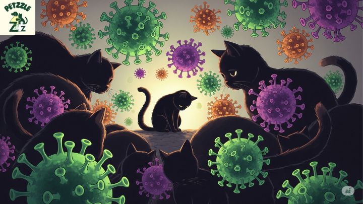 Ilustração de um vírus rodeando silhuetas de gatos