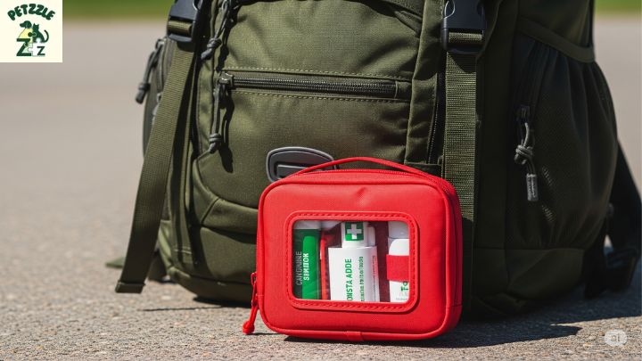 Kit compacto de primeiros socorros canino ao lado de mochila