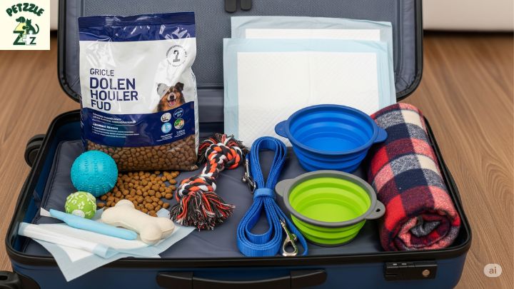 Mala aberta com ração, brinquedos, tapetes higiênicos, coleira, potinhos dobráveis e cobertinha