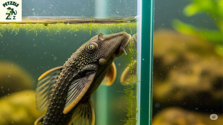 Peixe cascudo grudado no vidro limpando algas