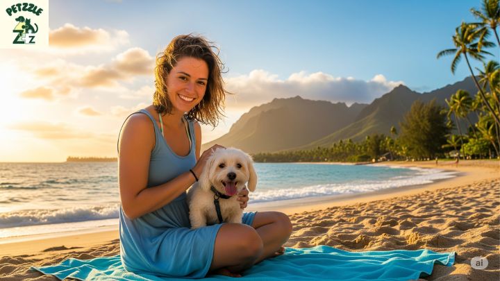 Pessoa sorrindo e segurando o pet no colo diante de um cenário turístico bonito