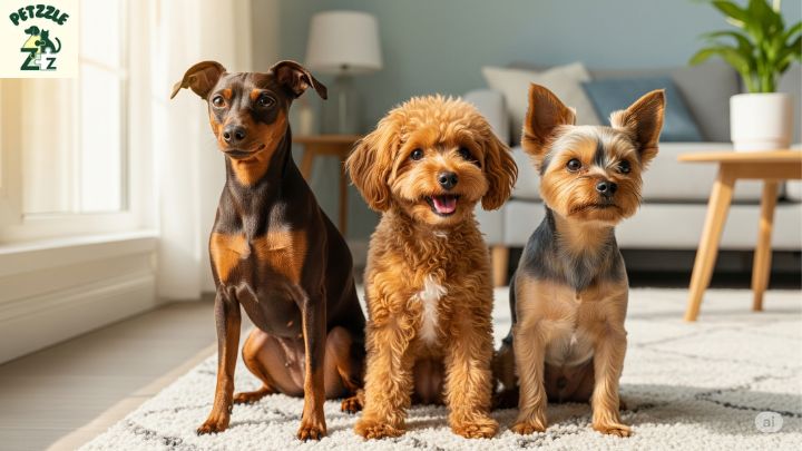 Pinscher Miniatura, Poodle Toy e um Yorkshire Terrier