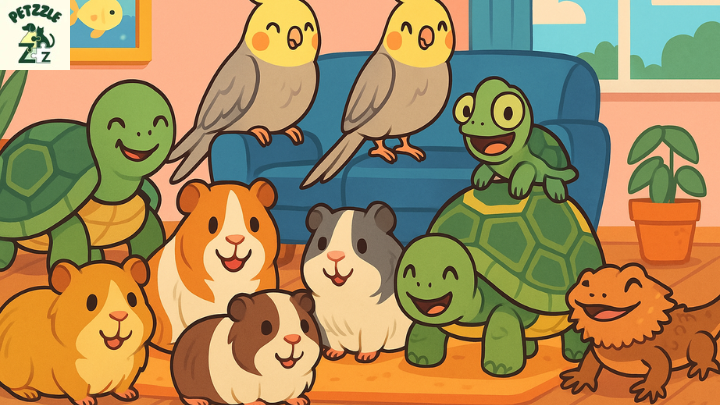 Sala cheia de fofura e diversidade, com pets exóticos reunidos em harmonia