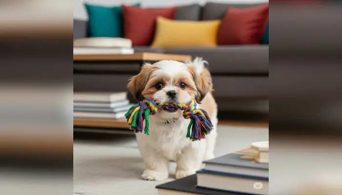 Shih tzu puppy holding colorful rope toy in living room