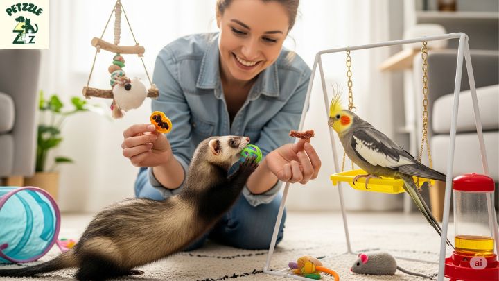 Um furão e uma calopsita interagindo com brinquedos e recebendo petiscos
