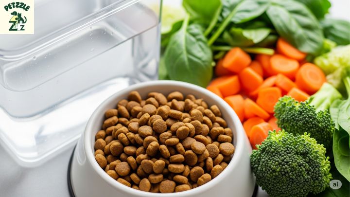 Um pote de ração sênior ao lado de vegetais frescos e um recipiente com água