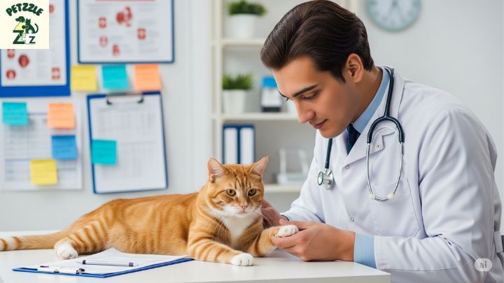 Um veterinário examinando um gato idoso em uma clínica