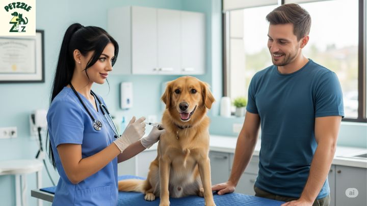 Um veterinário vacinando um cachorro com carinho