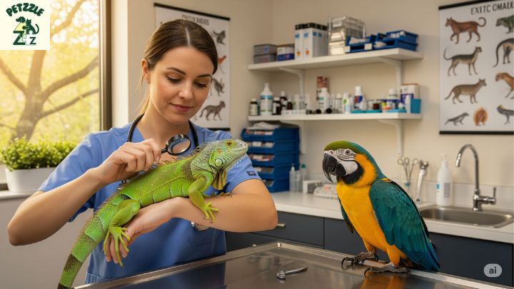 Veterinário examinando uma iguana e uma ave exótica em um consultório