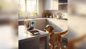 food into a bowl as a dog watches
