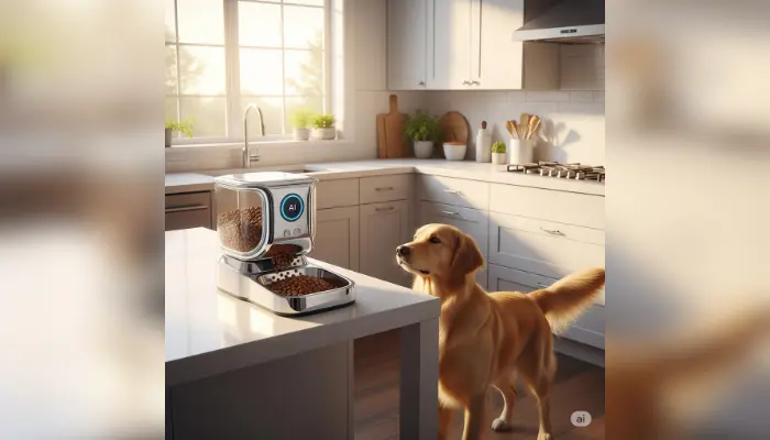 food into a bowl as a dog watches