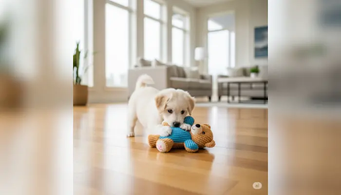 puppy playing with a toy in the living room
