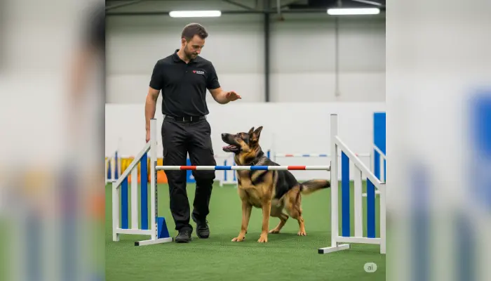 um cão sendo treinado por um adestrador