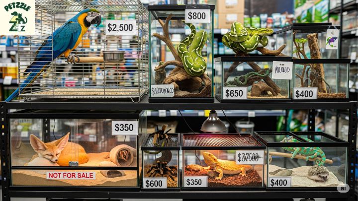 vários pets exóticos com etiquetas de preço, itens de cada um (gaiola, terrário), simulando uma vitrine de loja
